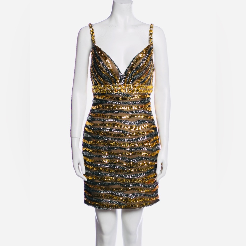 LA FEMME Gold & Grey Glitzy Sequin Low Cut Mini Dress w Gold Crystals! Size 0
